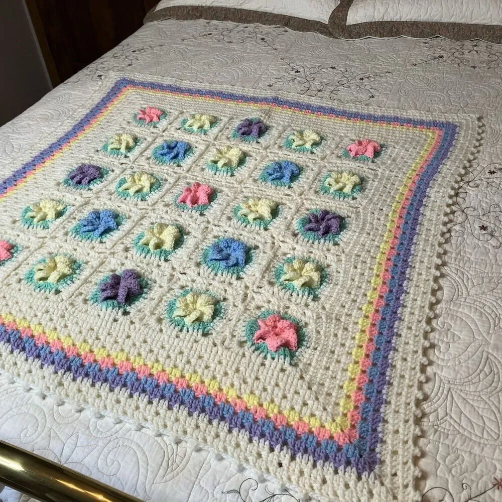 Vtg Handmade Crochet Granny Blanket Afghan Baby Spring Pastel 3D Roses Flowers